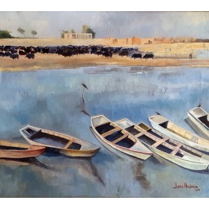 Israr Hussain, Ravi River 2, 32 x 33  Inch, Oil on Canvas, Seascape Painting, AC-ISHN-005